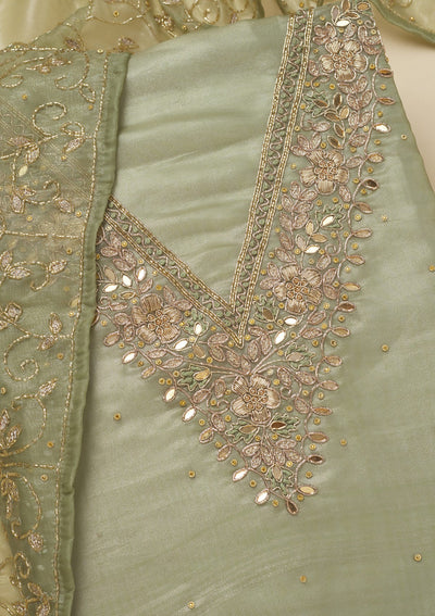 Pista Green Zariwork Tissue Unstitched Salwar Suit-Koskii