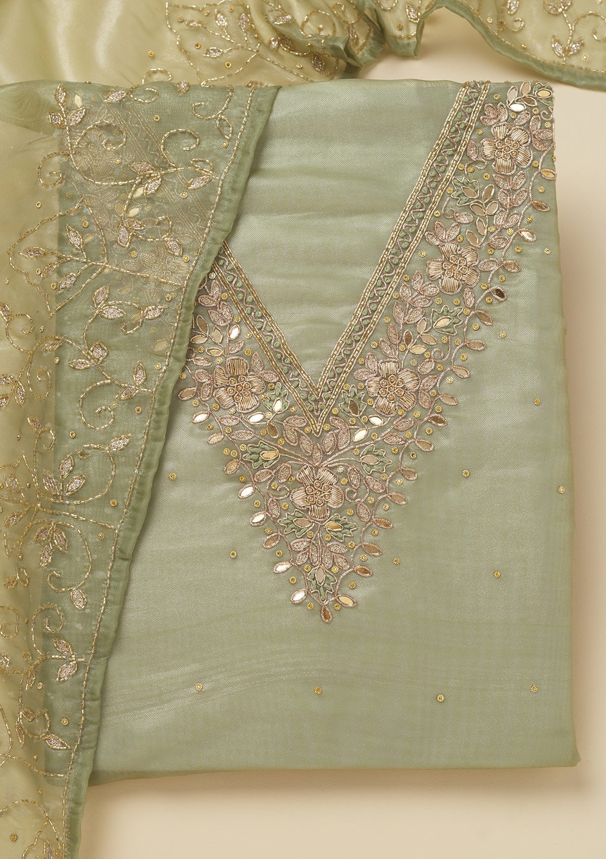 Pista Green Zariwork Tissue Unstitched Salwar Suit-Koskii