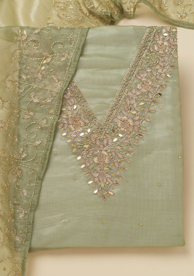 Pista Green Zariwork Tissue Unstitched Salwar Suit-Koskii