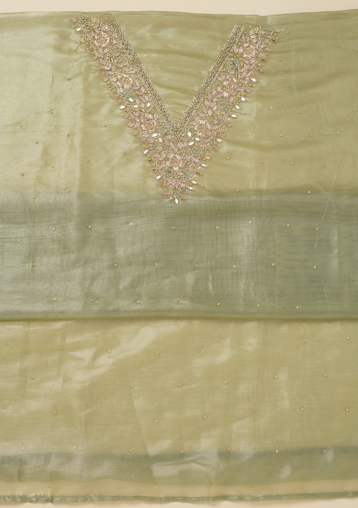 Pista Green Zariwork Tissue Unstitched Salwar Suit-Koskii