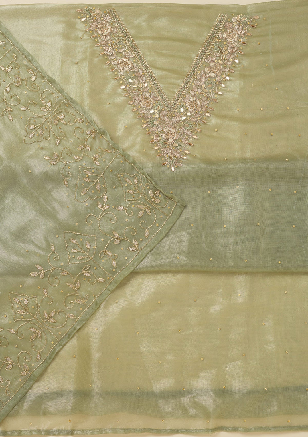 Pista Green Zariwork Tissue Unstitched Salwar Suit-Koskii