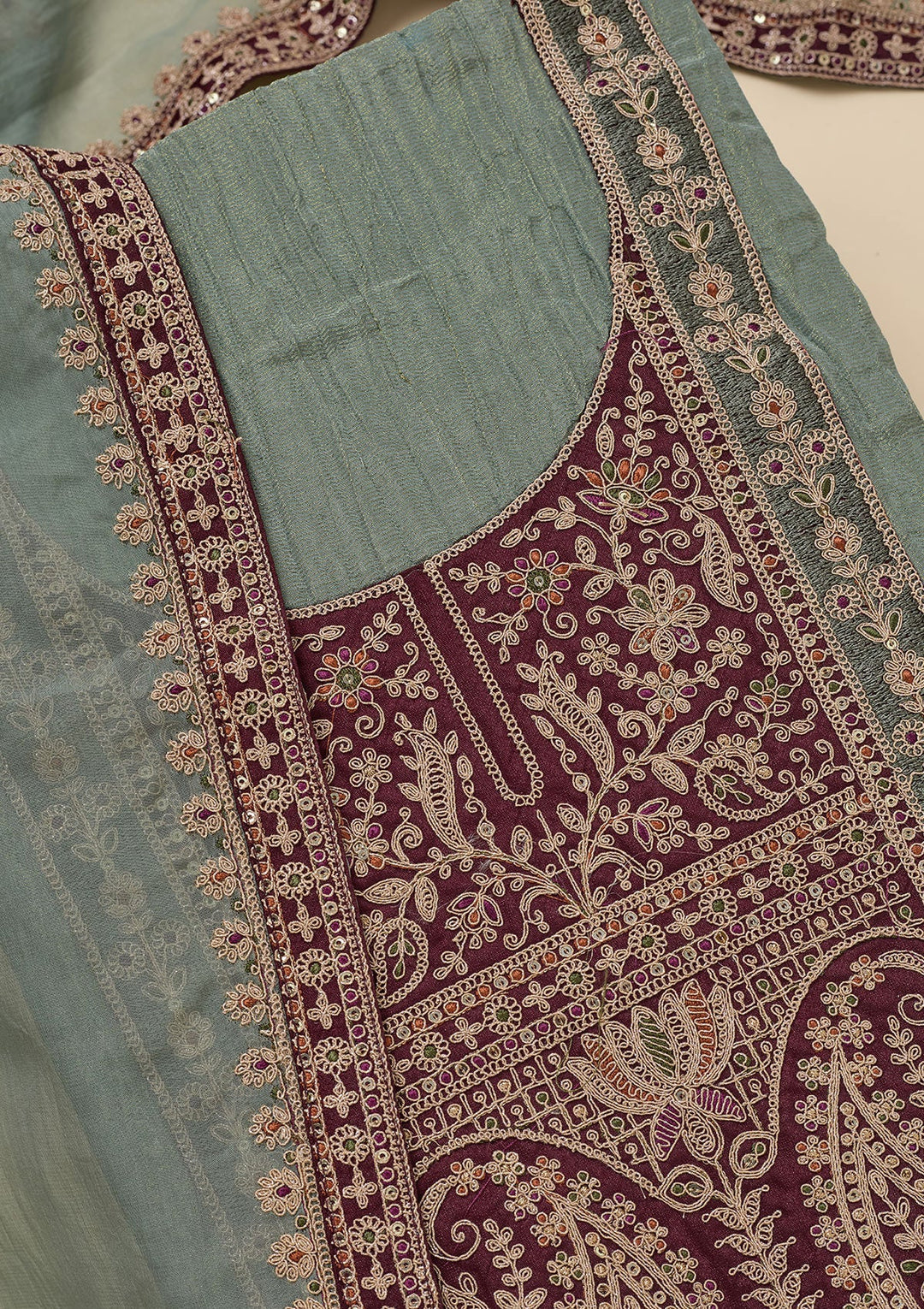 Pista Green Zariwork Tissue Unstitched Salwar Suit-Koskii