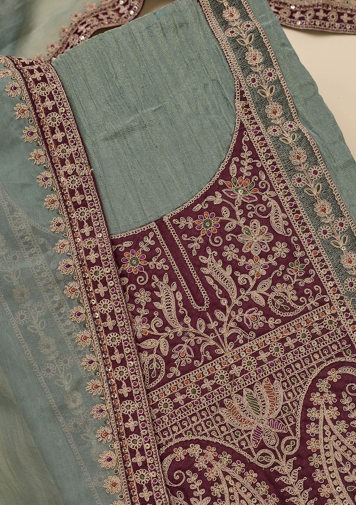 Pista Green Zariwork Tissue Unstitched Salwar Suit-Koskii