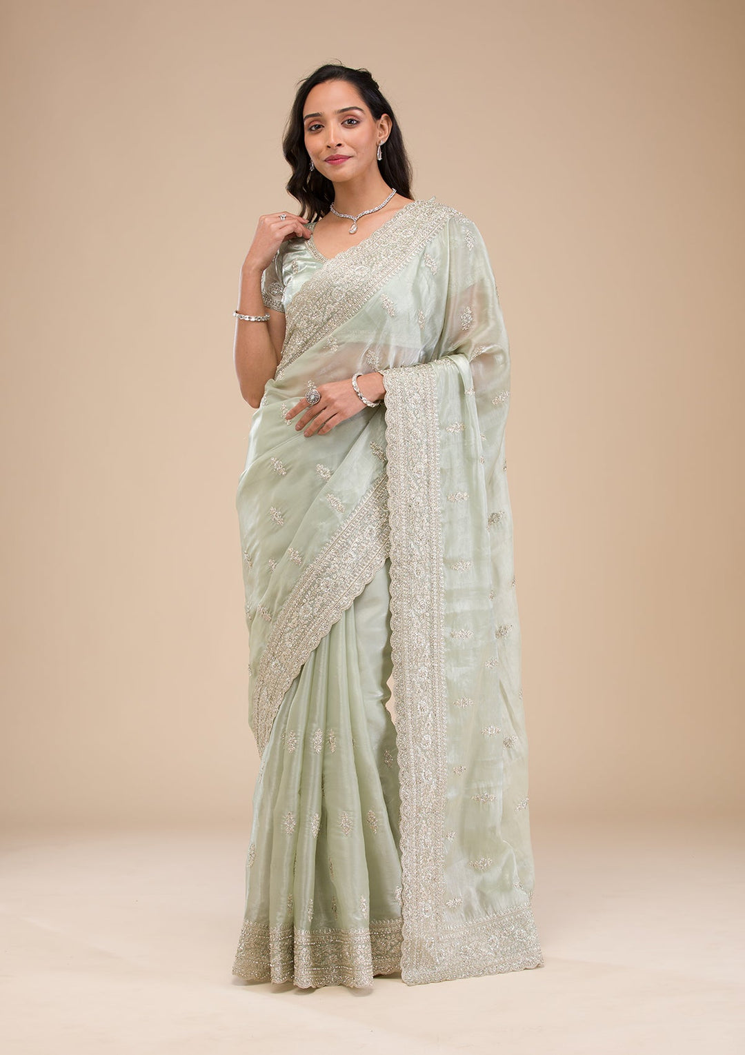 Pista Green Zariwork Tissue Saree-Koskii