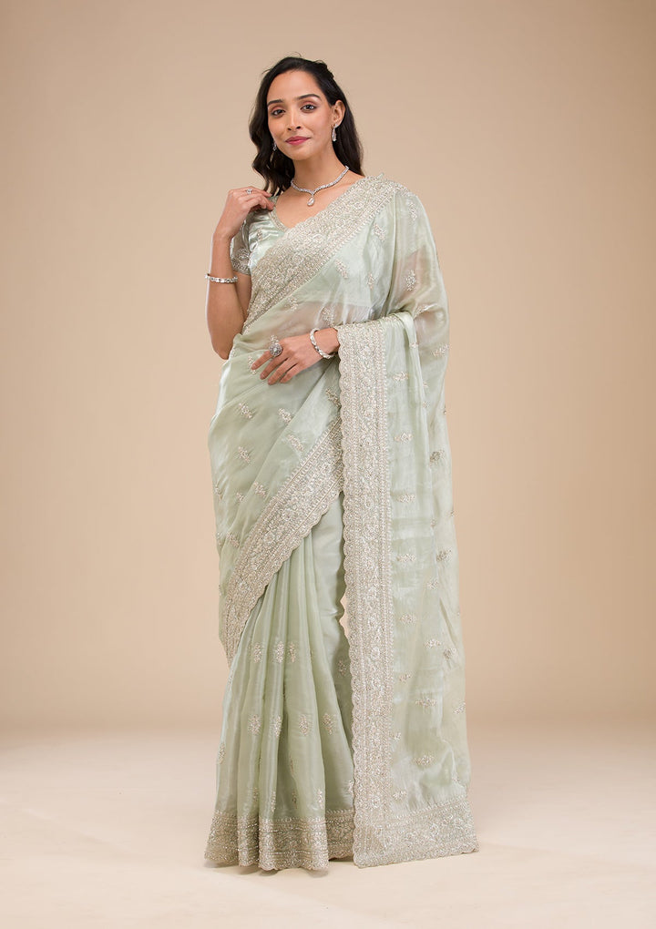 Pista Green Zariwork Tissue Saree-Koskii