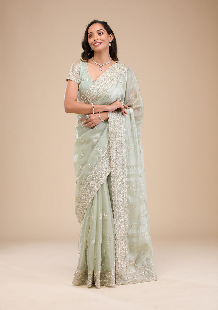Pista Green Zariwork Tissue Saree-Koskii