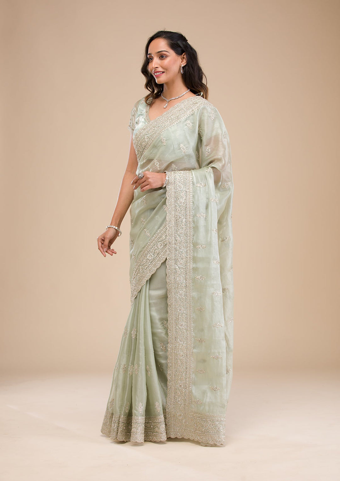 Pista Green Zariwork Tissue Saree-Koskii