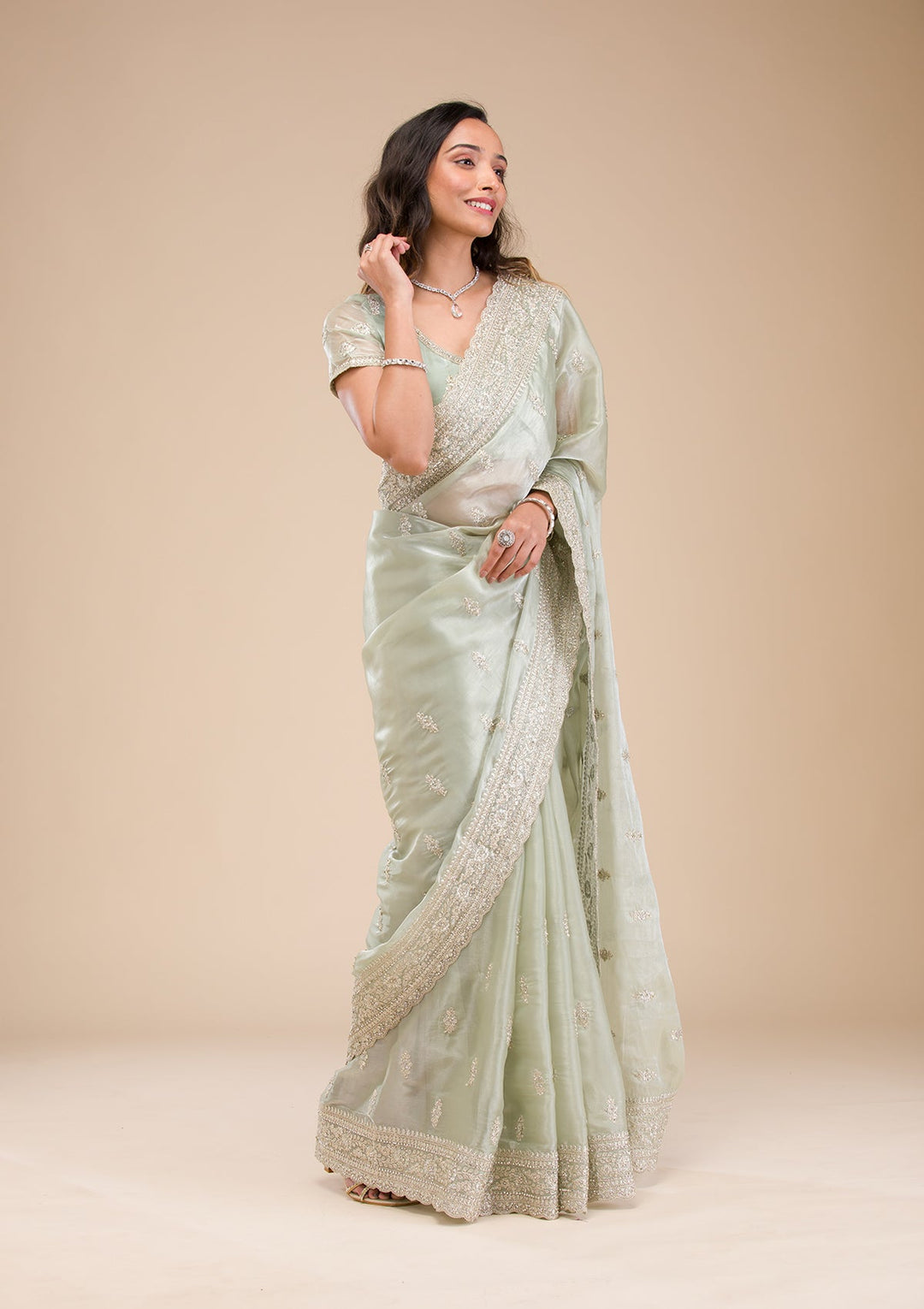 Pista Green Zariwork Tissue Saree-Koskii