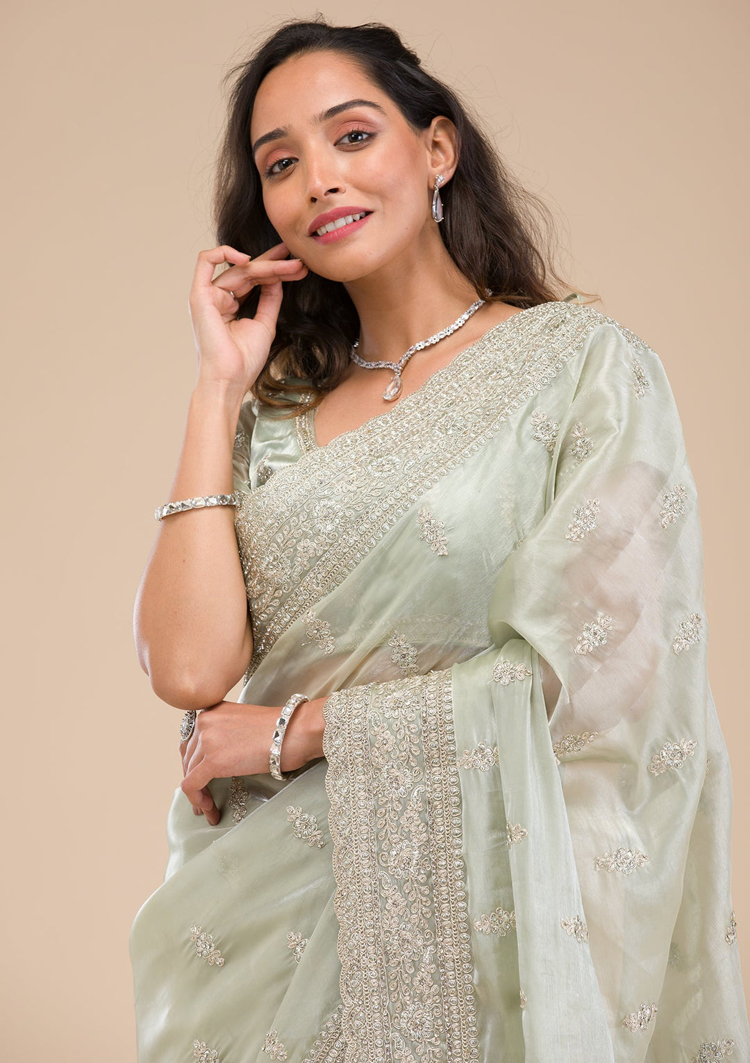 Pista Green Zariwork Tissue Saree-Koskii
