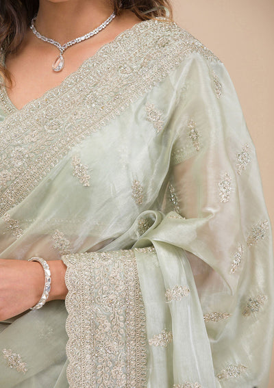 Pista Green Zariwork Tissue Saree-Koskii