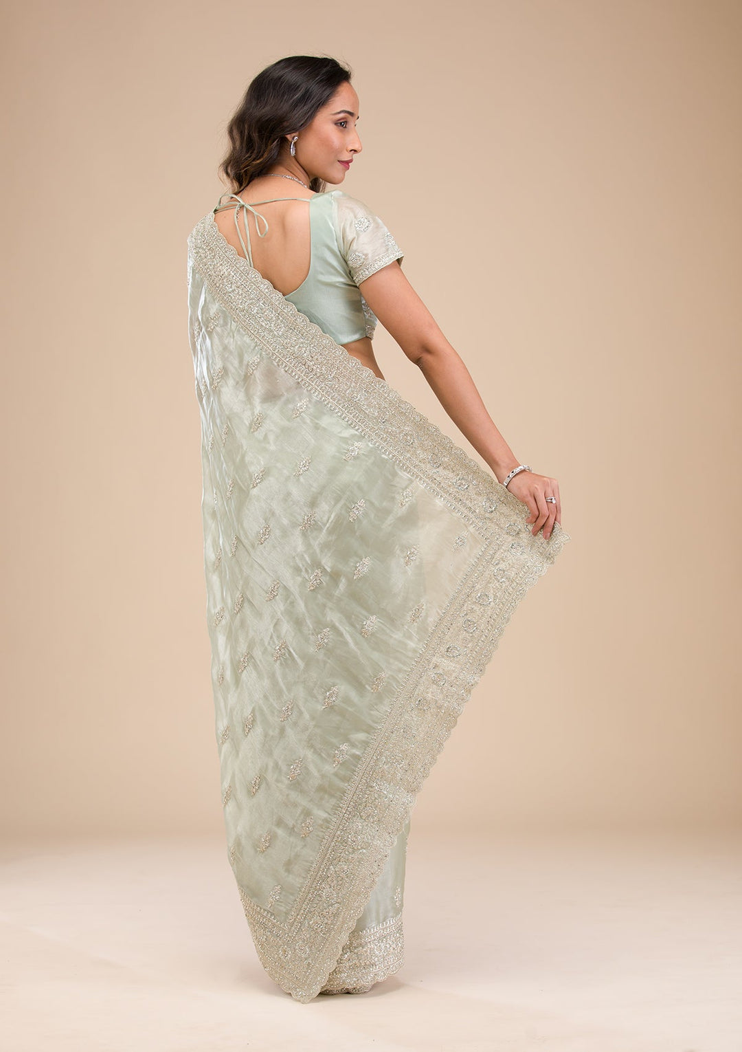 Pista Green Zariwork Tissue Saree-Koskii