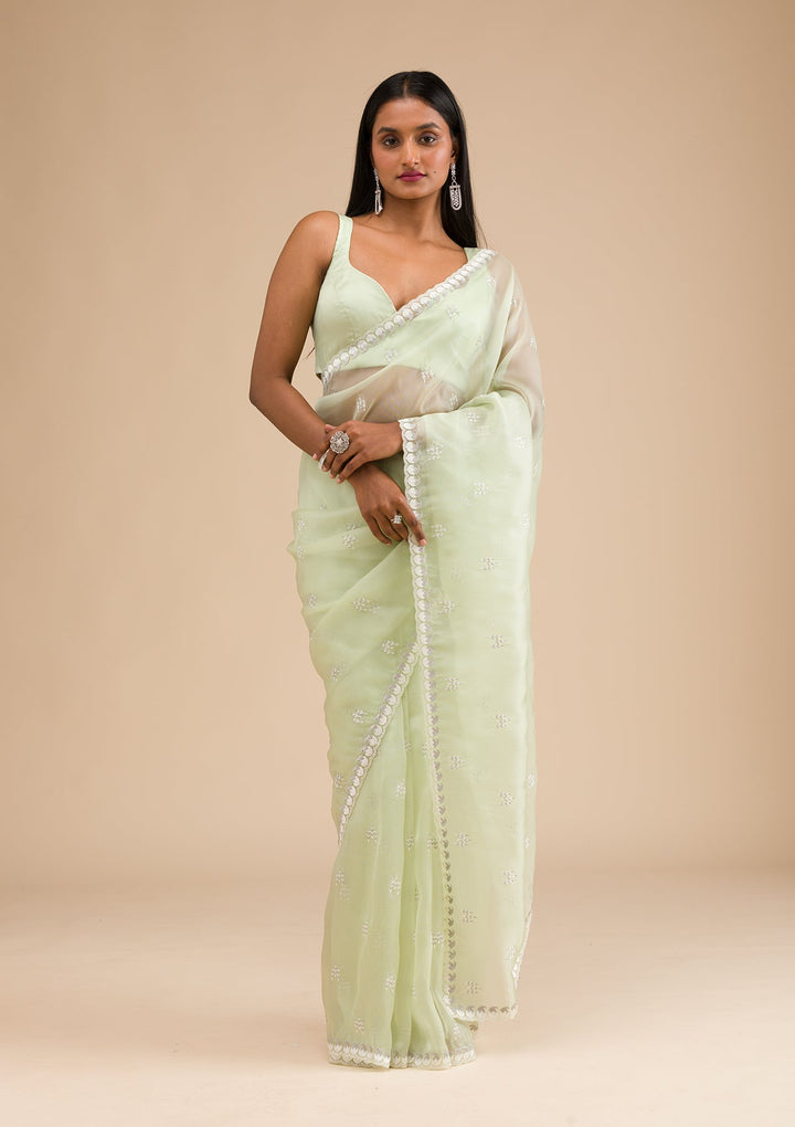 Pista Green Zariwork Tissue Saree-Koskii