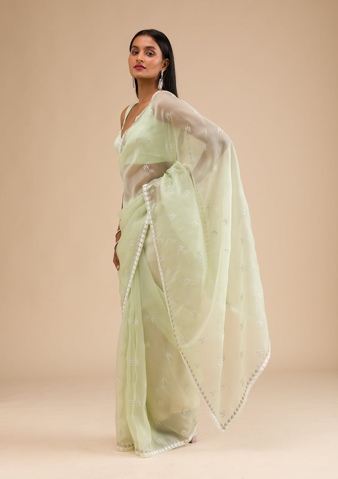 Pista Green Zariwork Tissue Saree-Koskii