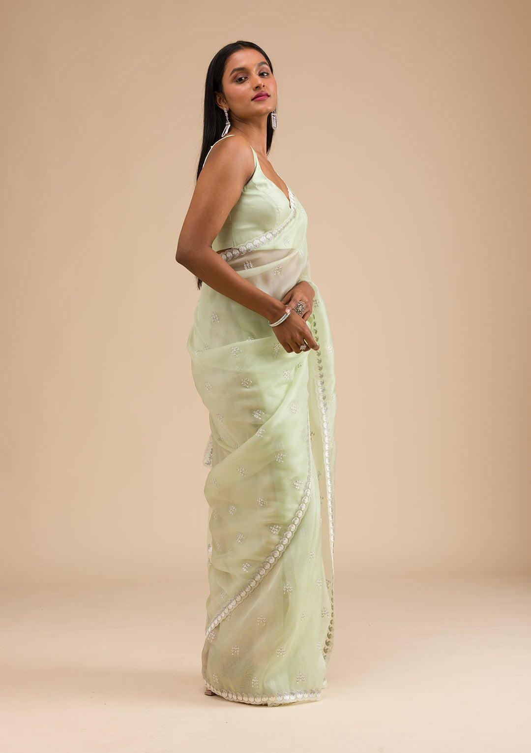 Pista Green Zariwork Tissue Saree-Koskii