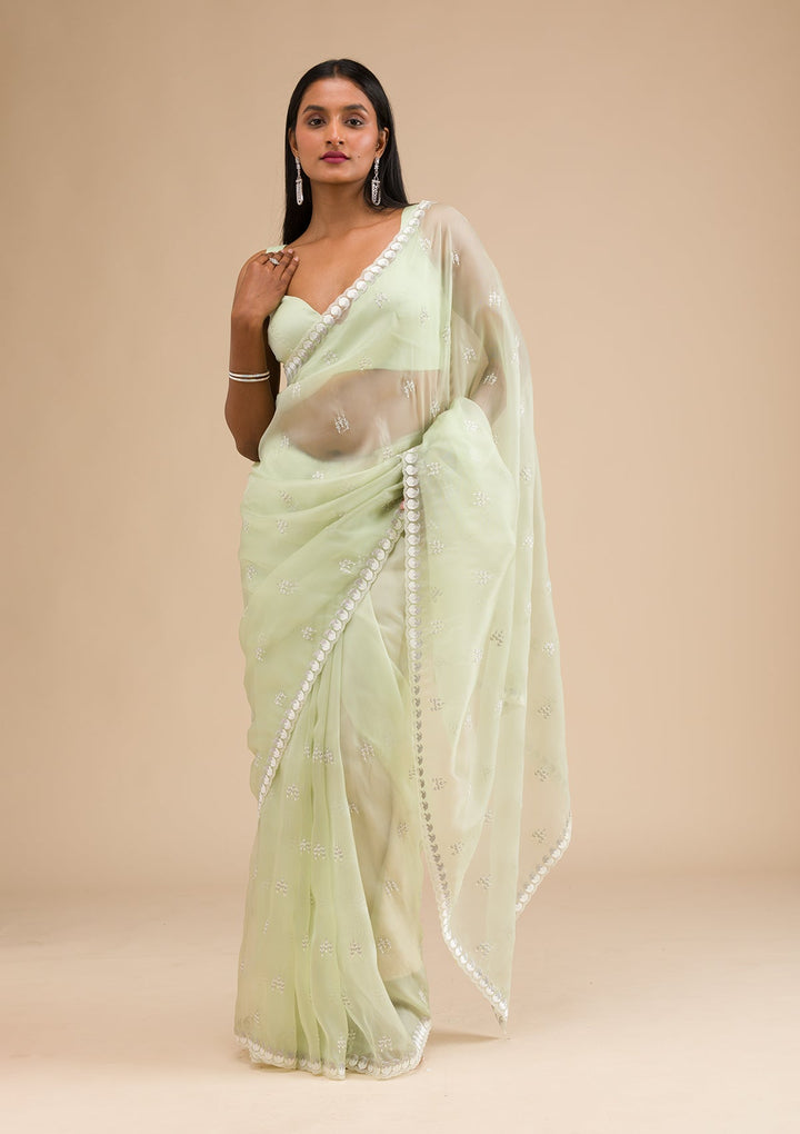 Pista Green Zariwork Tissue Saree-Koskii