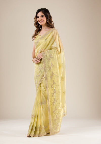 Pista Green Zariwork Tissue Saree-Koskii