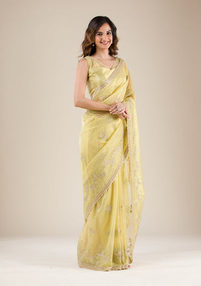 Pista Green Zariwork Tissue Saree-Koskii