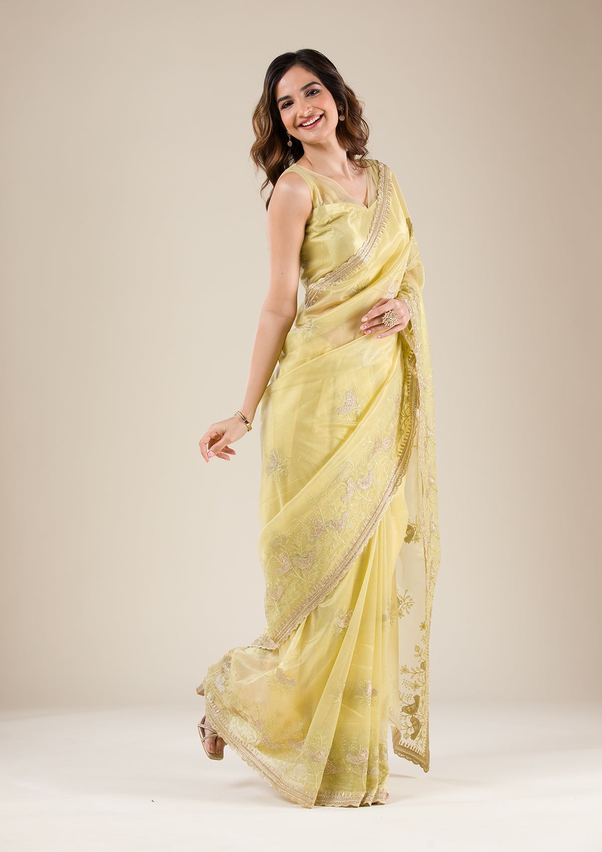 Pista Green Zariwork Tissue Saree-Koskii
