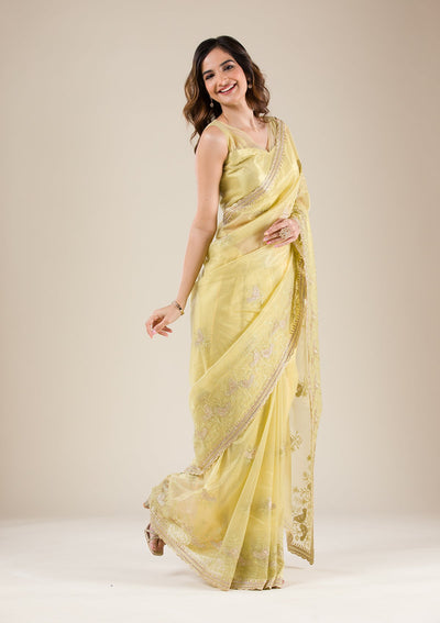 Pista Green Zariwork Tissue Saree-Koskii