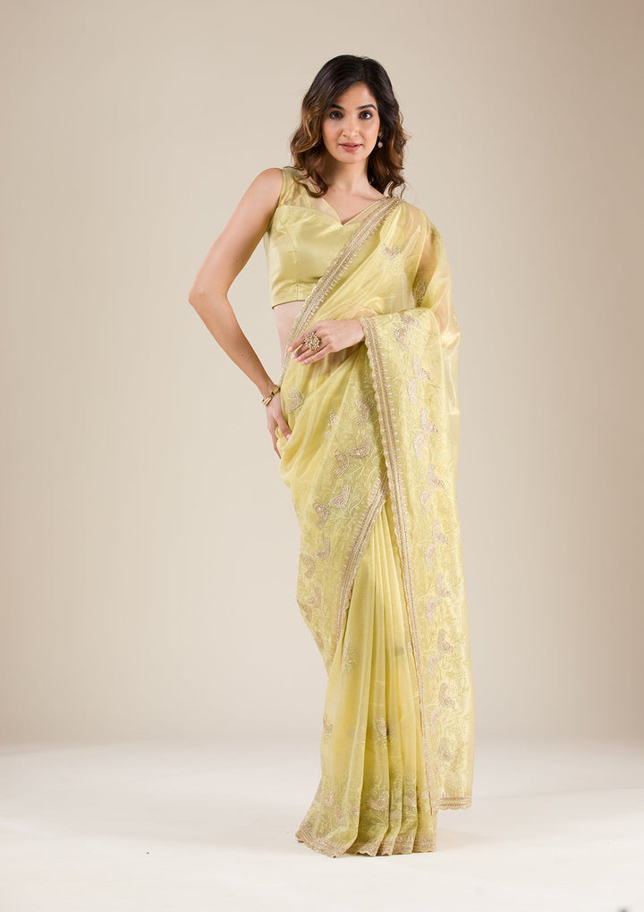 Pista Green Zariwork Tissue Saree-Koskii