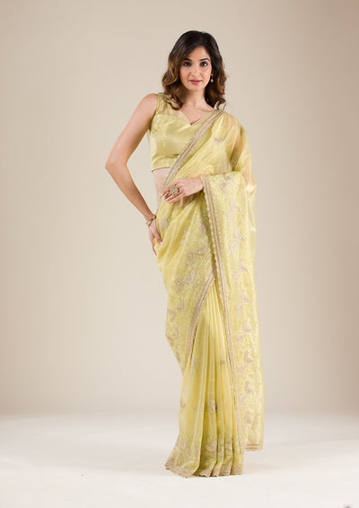Pista Green Zariwork Tissue Saree-Koskii
