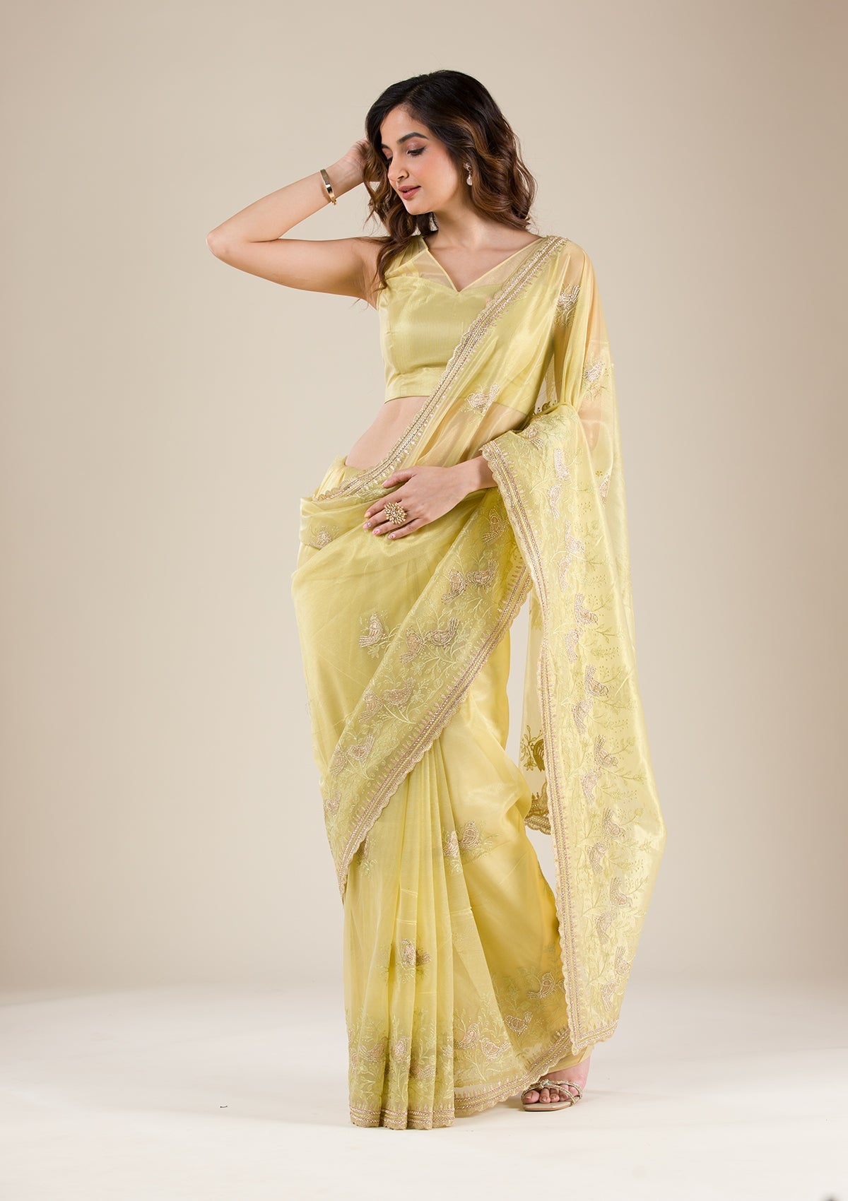 Pista Green Zariwork Tissue Saree-Koskii