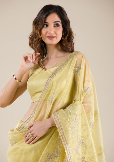 Pista Green Zariwork Tissue Saree-Koskii