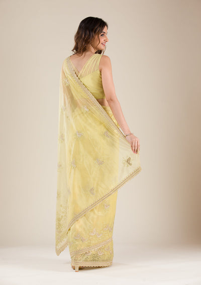 Pista Green Zariwork Tissue Saree-Koskii