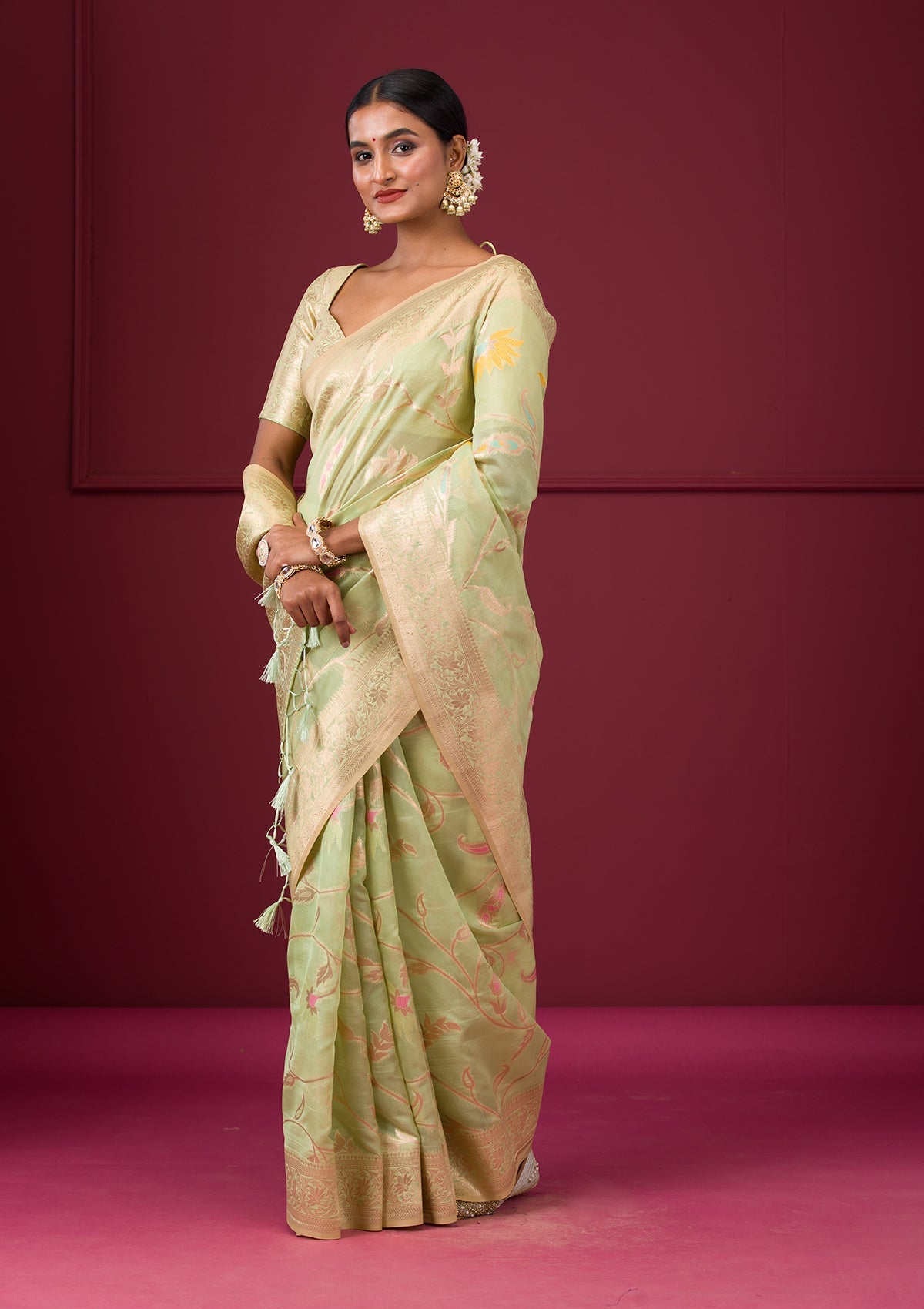 Pista Green Zariwork Tissue Saree-Koskii