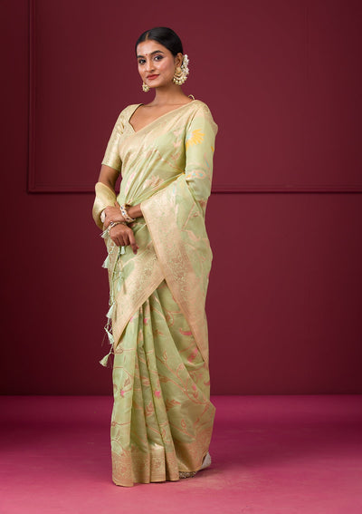 Pista Green Zariwork Tissue Saree-Koskii