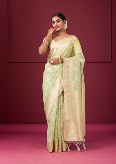 Pista Green Zariwork Tissue Saree-Koskii