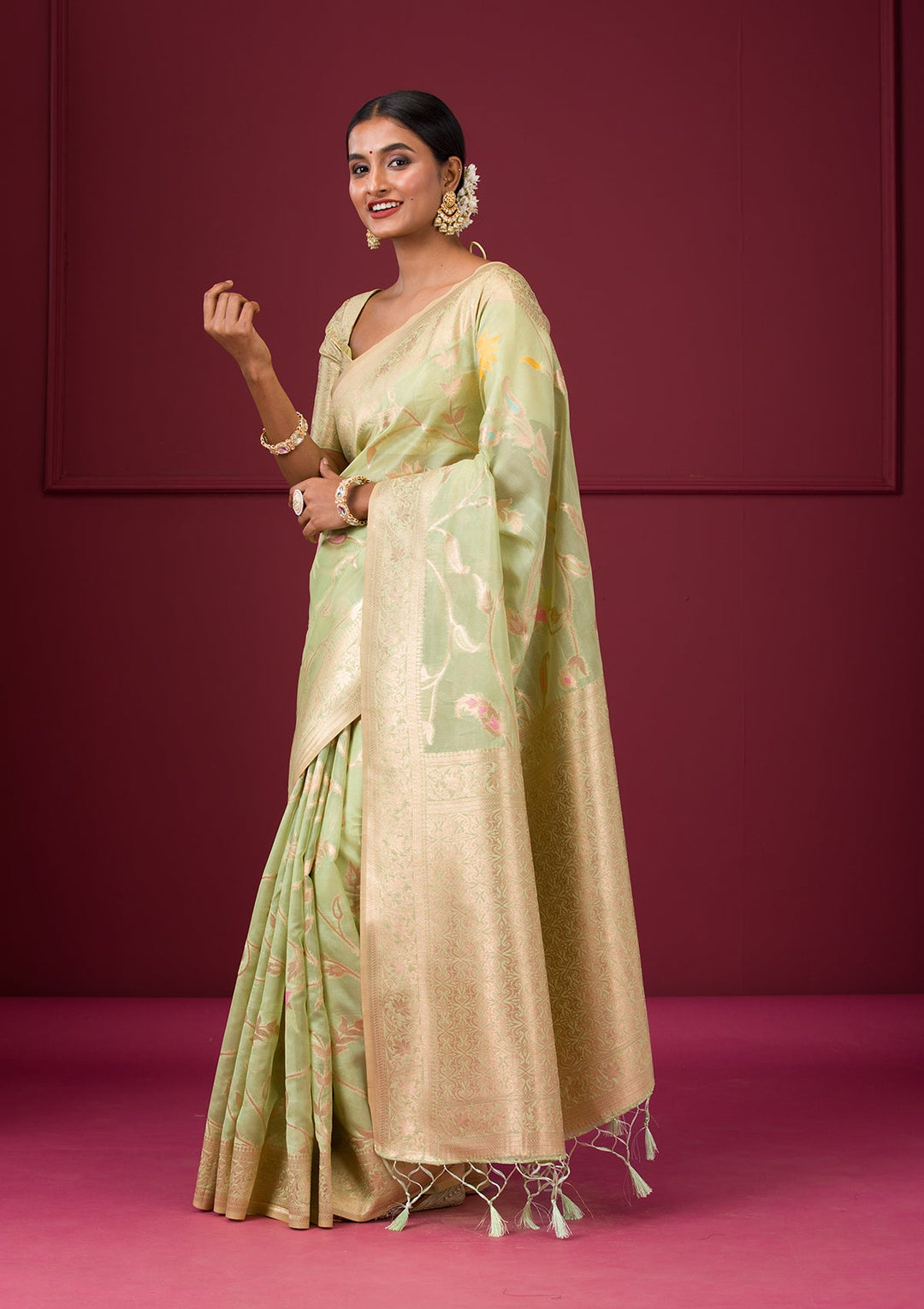 Pista Green Zariwork Tissue Saree-Koskii