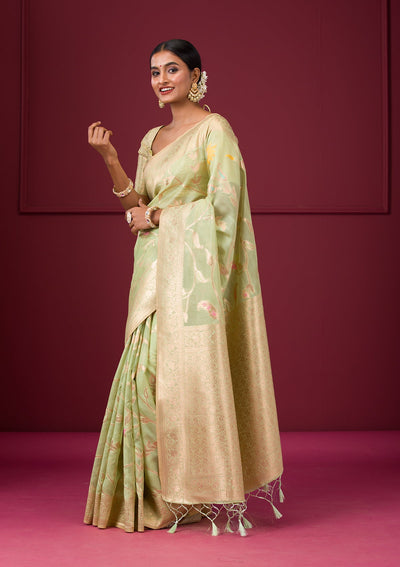 Pista Green Zariwork Tissue Saree-Koskii