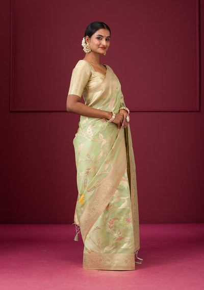 Pista Green Zariwork Tissue Saree-Koskii