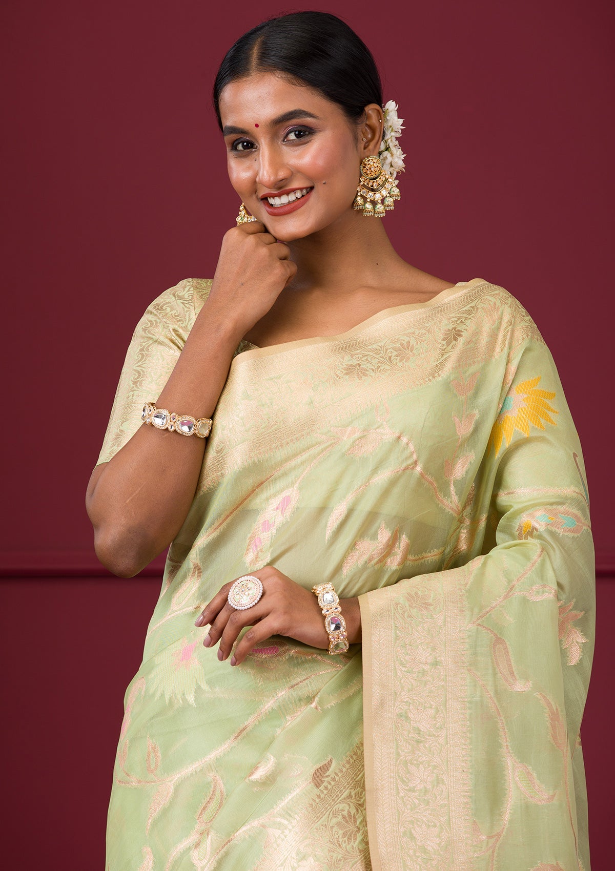 Pista Green Zariwork Tissue Saree-Koskii