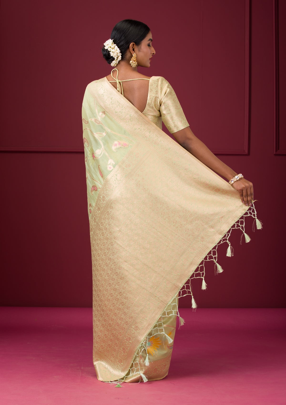 Pista Green Zariwork Tissue Saree-Koskii