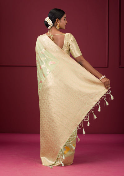 Pista Green Zariwork Tissue Saree-Koskii