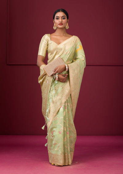 Pista Green Zariwork Tissue Saree-Koskii