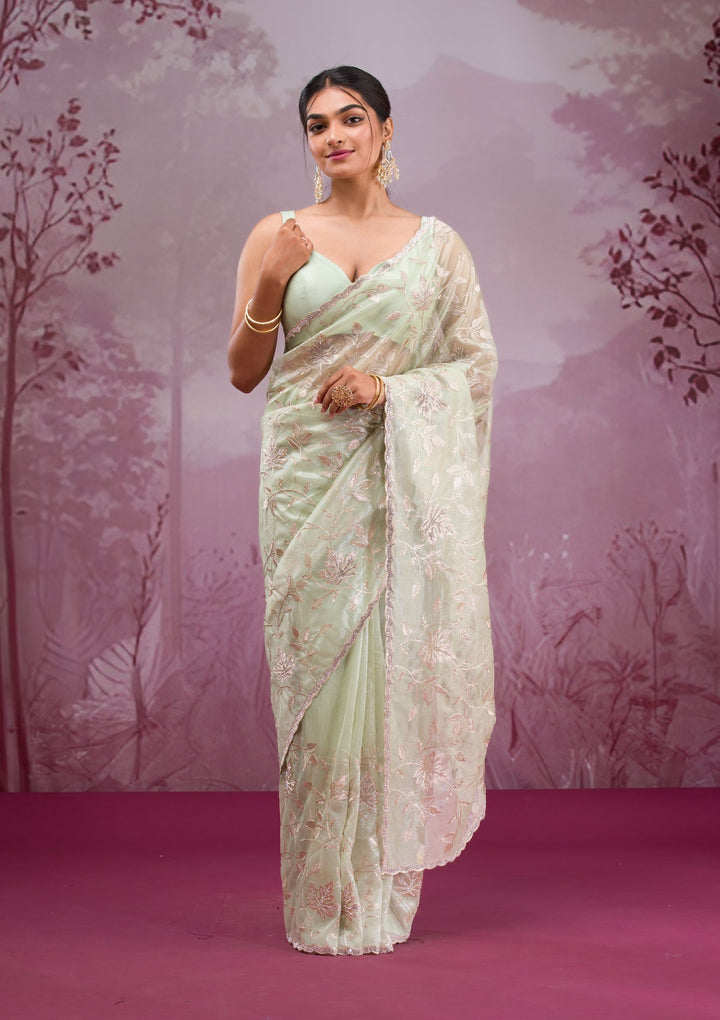 Pista Green Zariwork Tissue Saree-Koskii