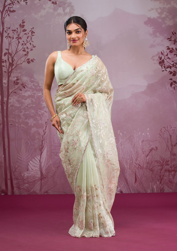 Pista Green Zariwork Tissue Saree-Koskii