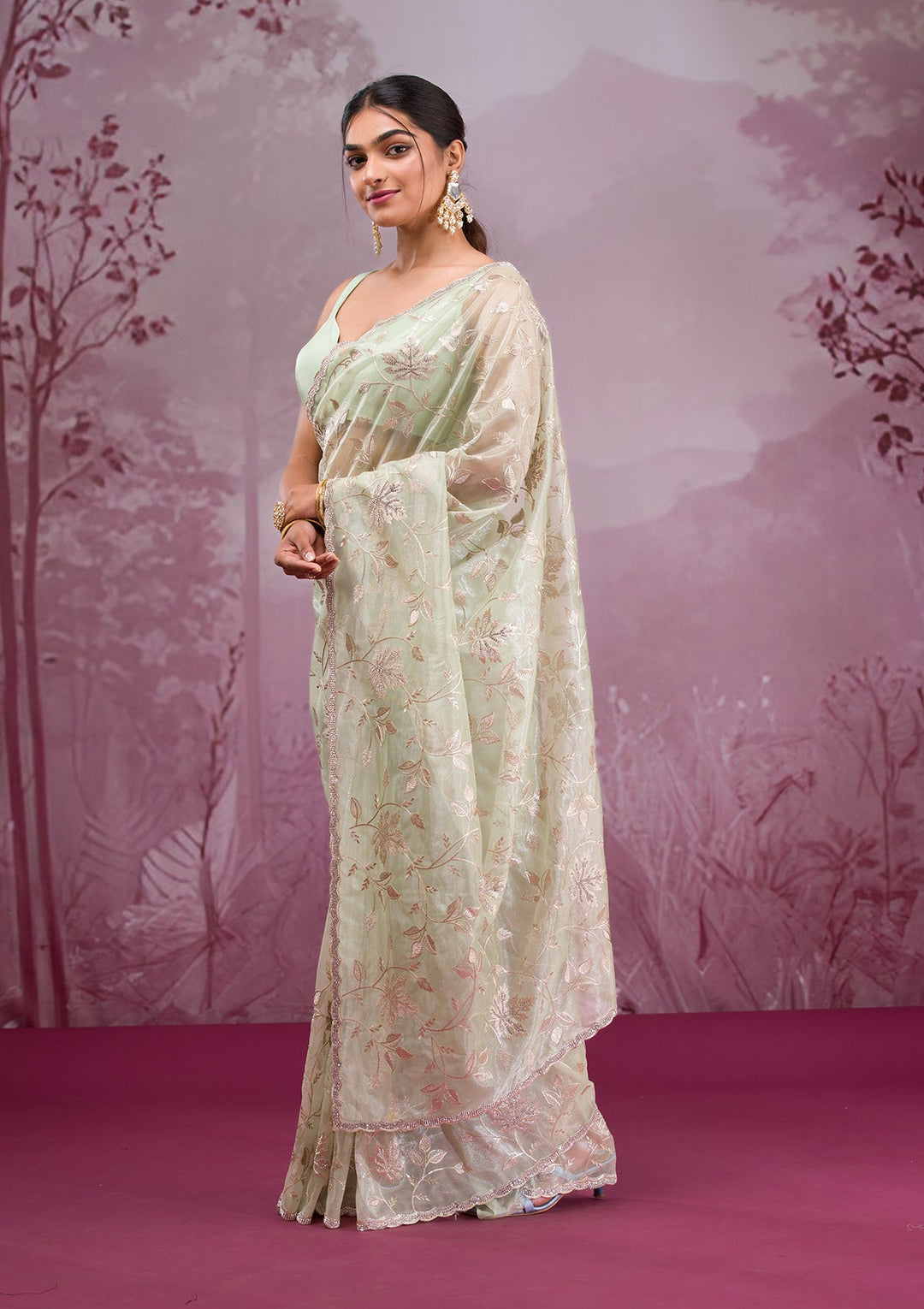 Pista Green Zariwork Tissue Saree-Koskii