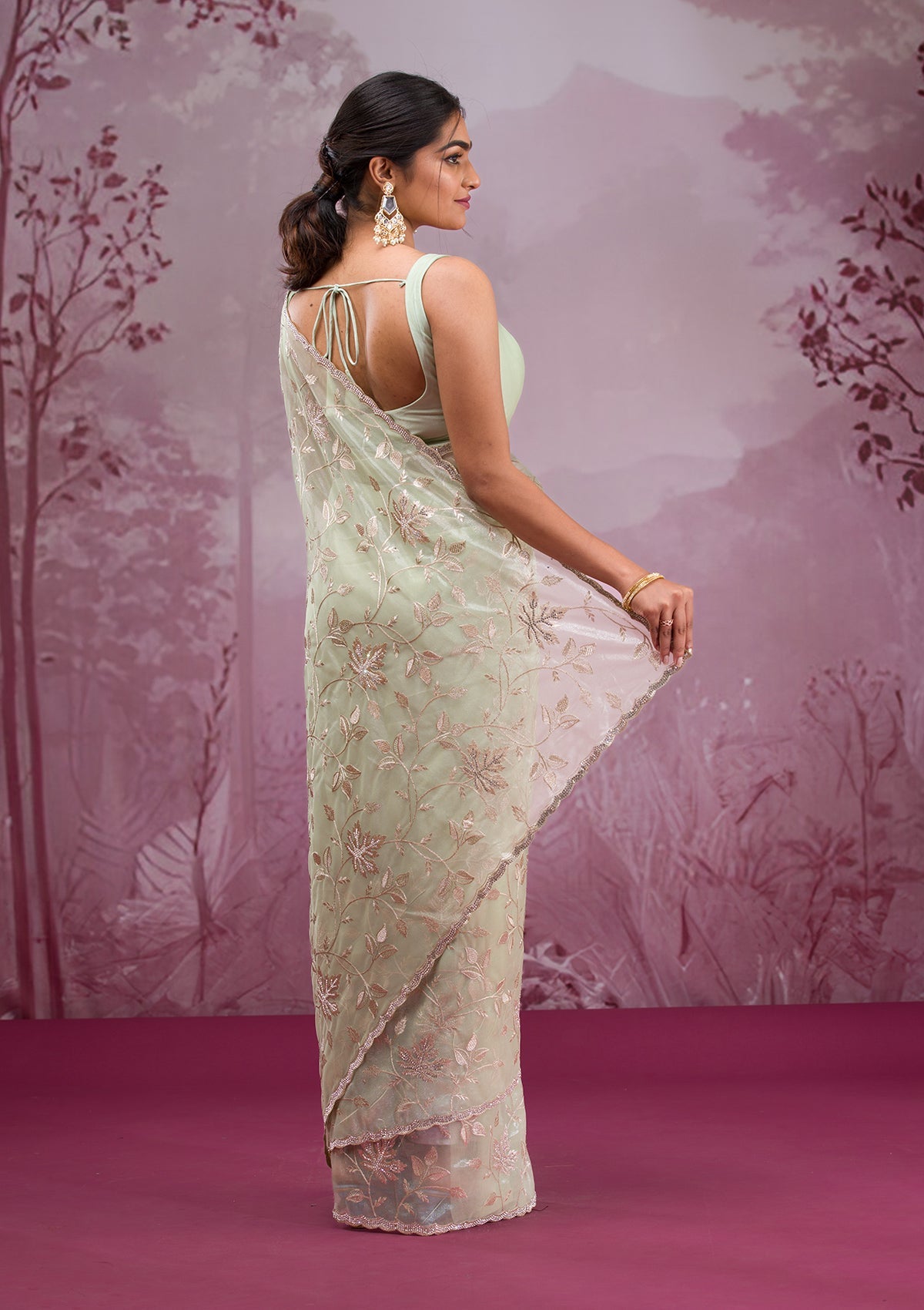 Pista Green Zariwork Tissue Saree-Koskii