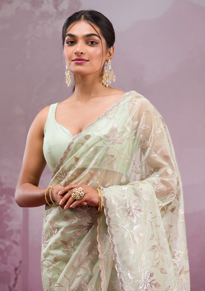 Pista Green Zariwork Tissue Saree-Koskii