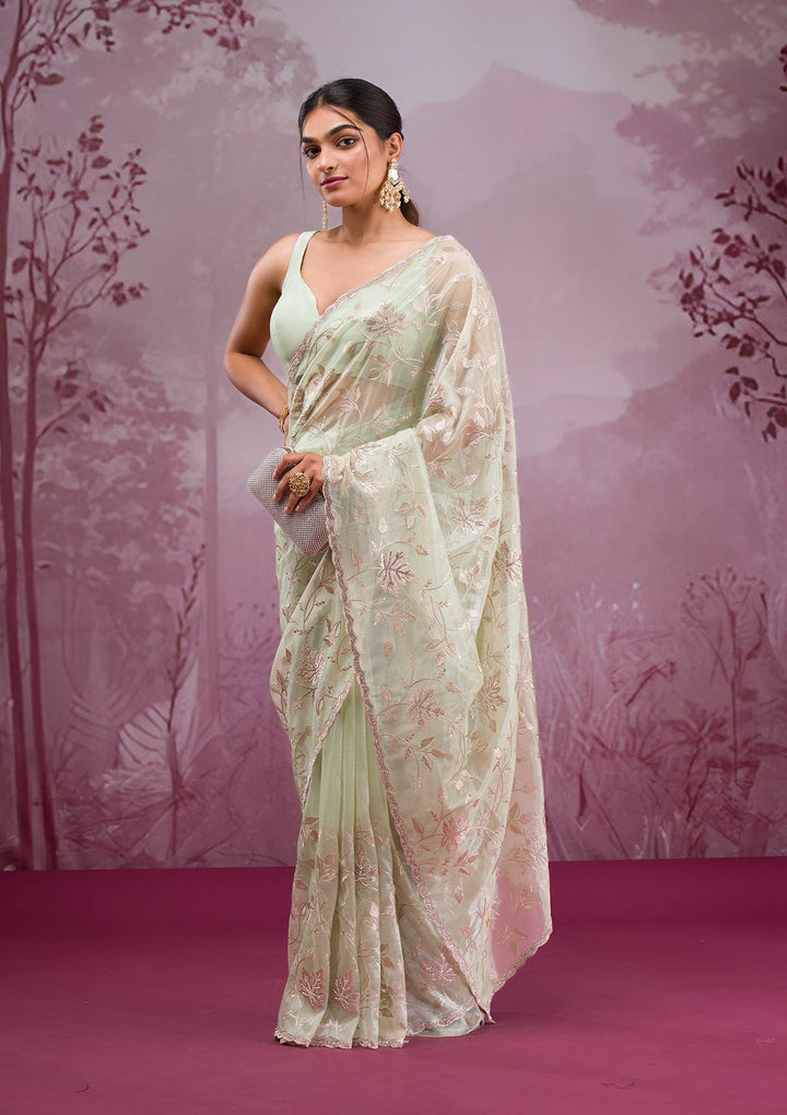 Pista Green Zariwork Tissue Saree-Koskii