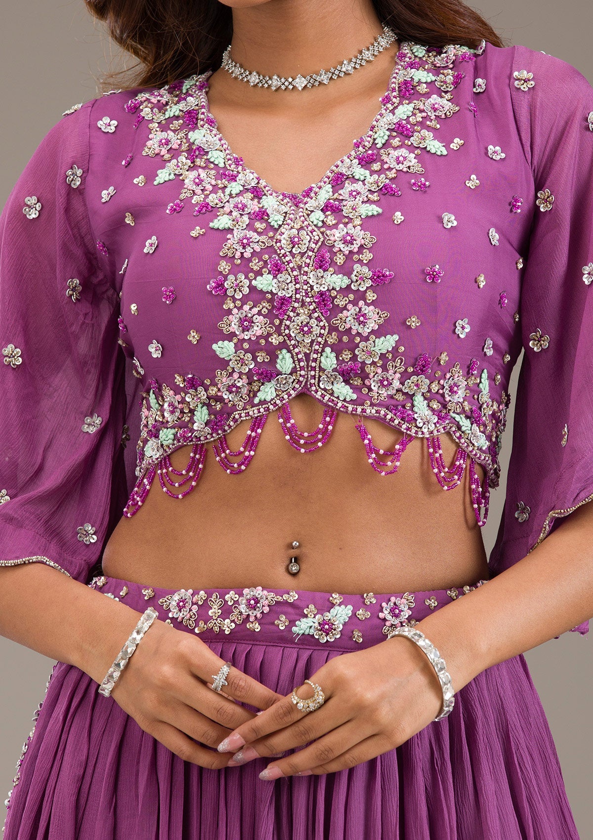 Purple Cutdana Georgette Readymade Lehenga