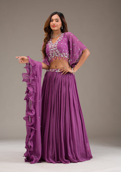 Purple Cutdana Georgette Readymade Lehenga-Koskii