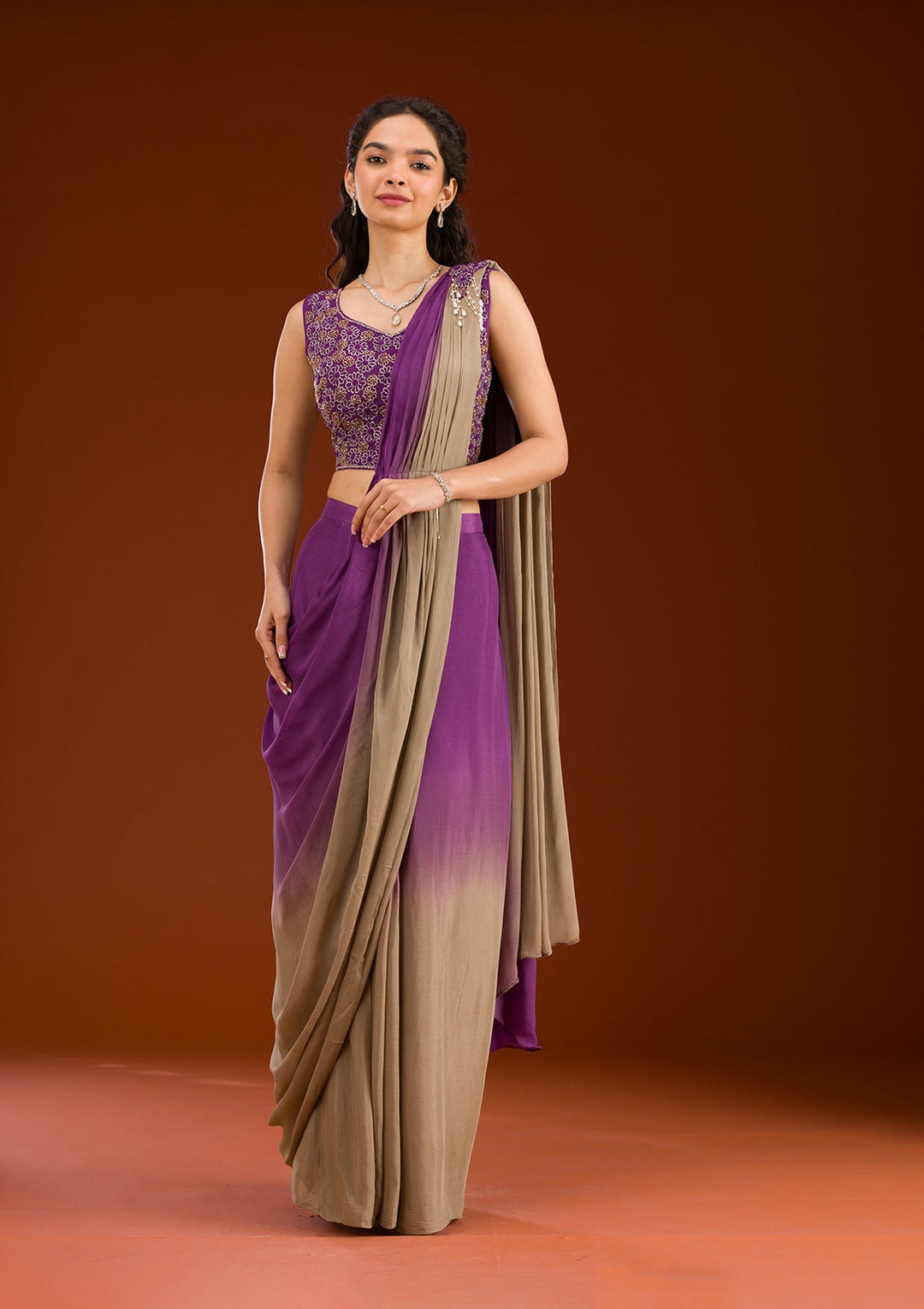 Purple Cutdana Georgette Readymade Saree-Koskii