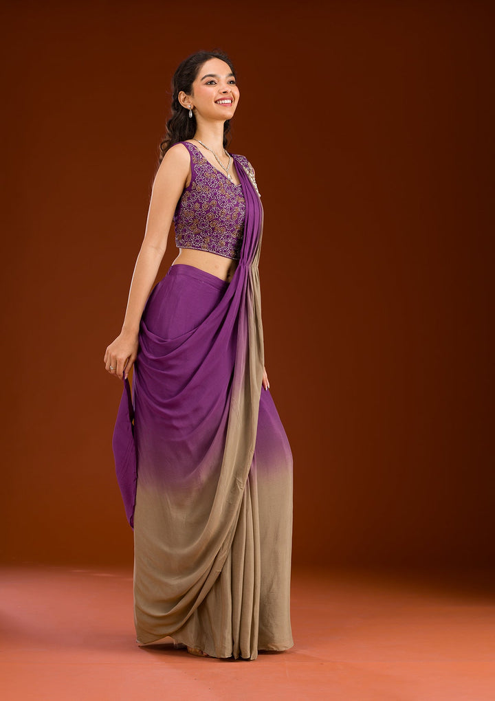 Purple Cutdana Georgette Readymade Saree