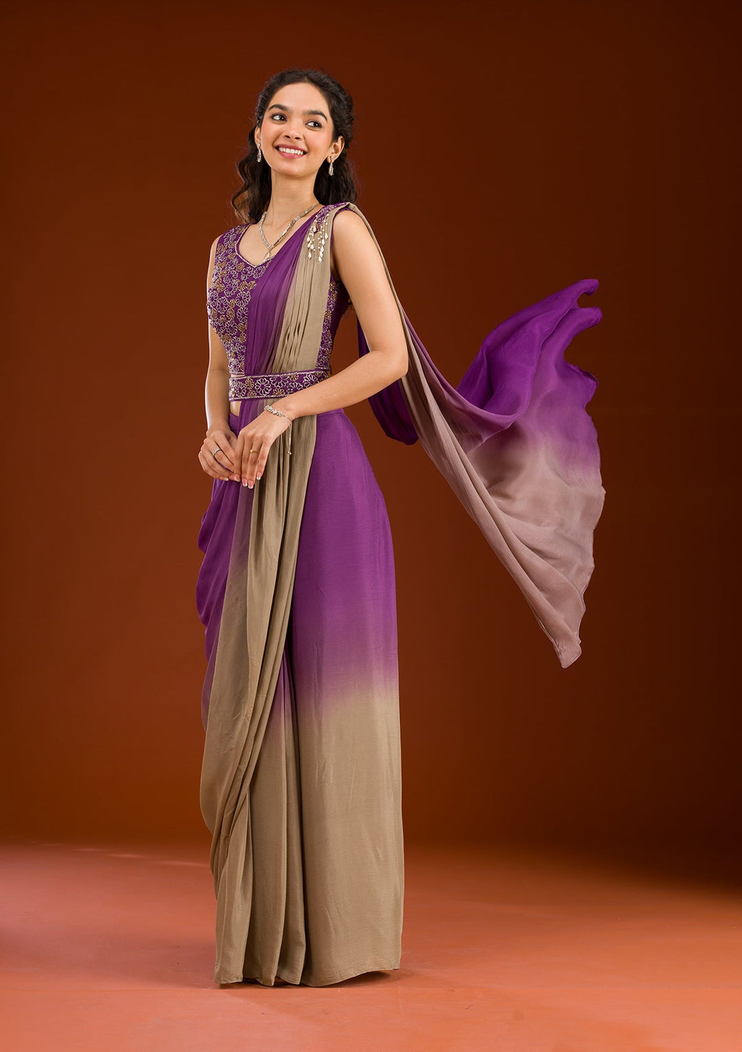 Purple Cutdana Georgette Readymade Saree