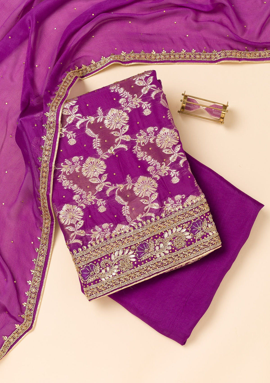Purple Cutdana Georgette Unstitched Salwar Suit-Koskii